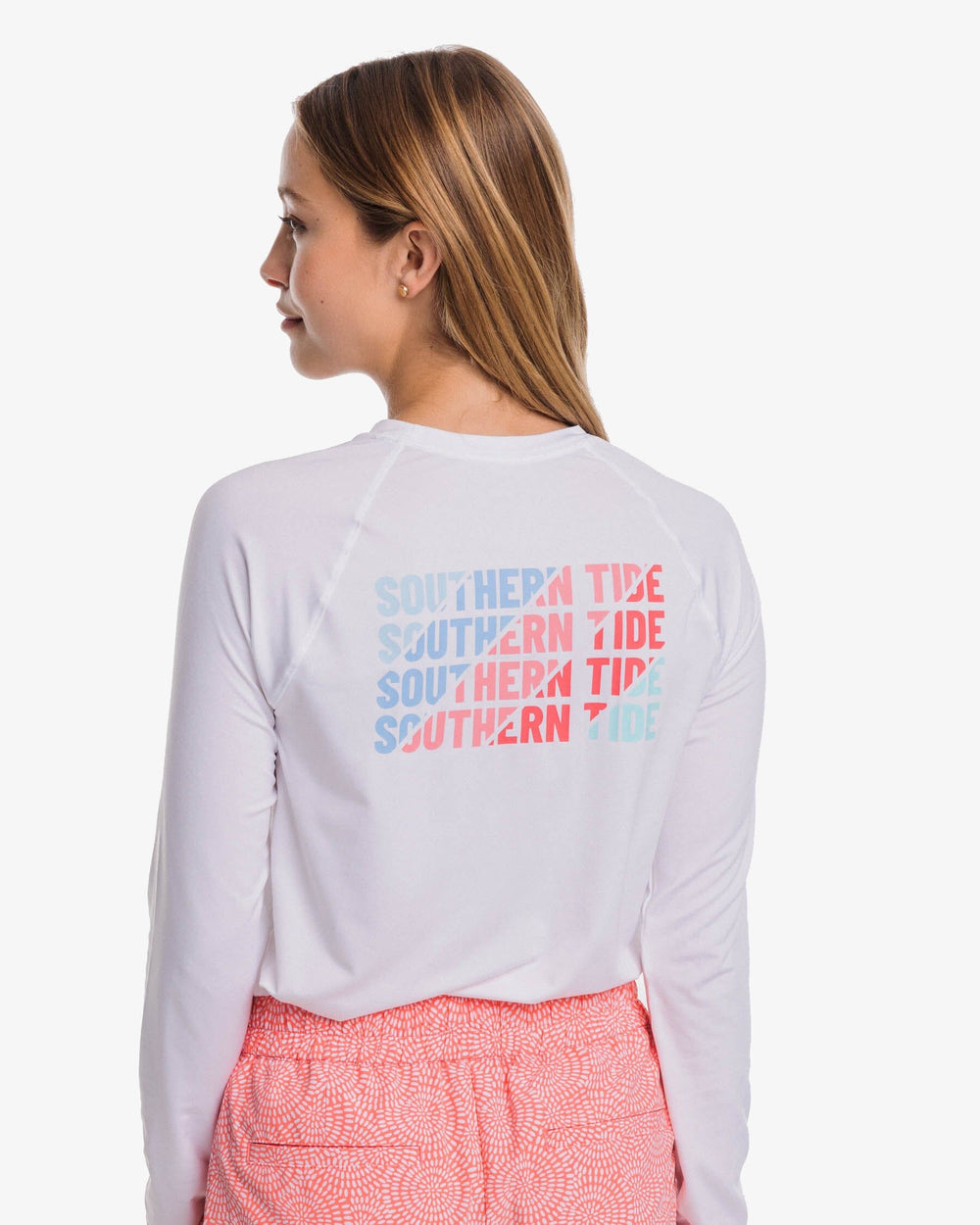 The back view of the Southern Tide Long Sleeve Southern Tide Slice Performance T-Shirt by Southern Tide - Classic White