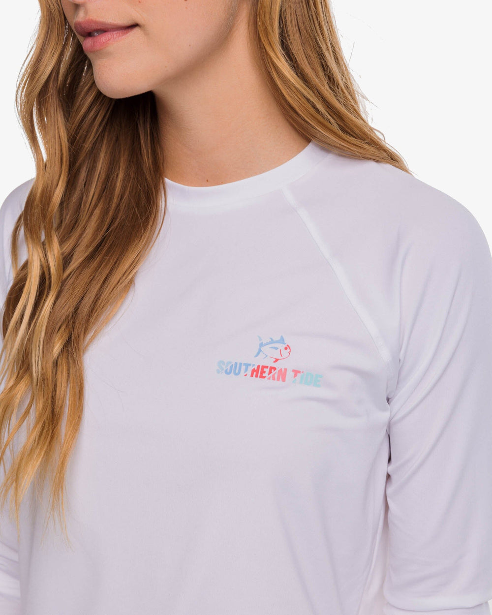 The detail view of the Southern Tide Long Sleeve Southern Tide Slice Performance T-Shirt by Southern Tide - Classic White