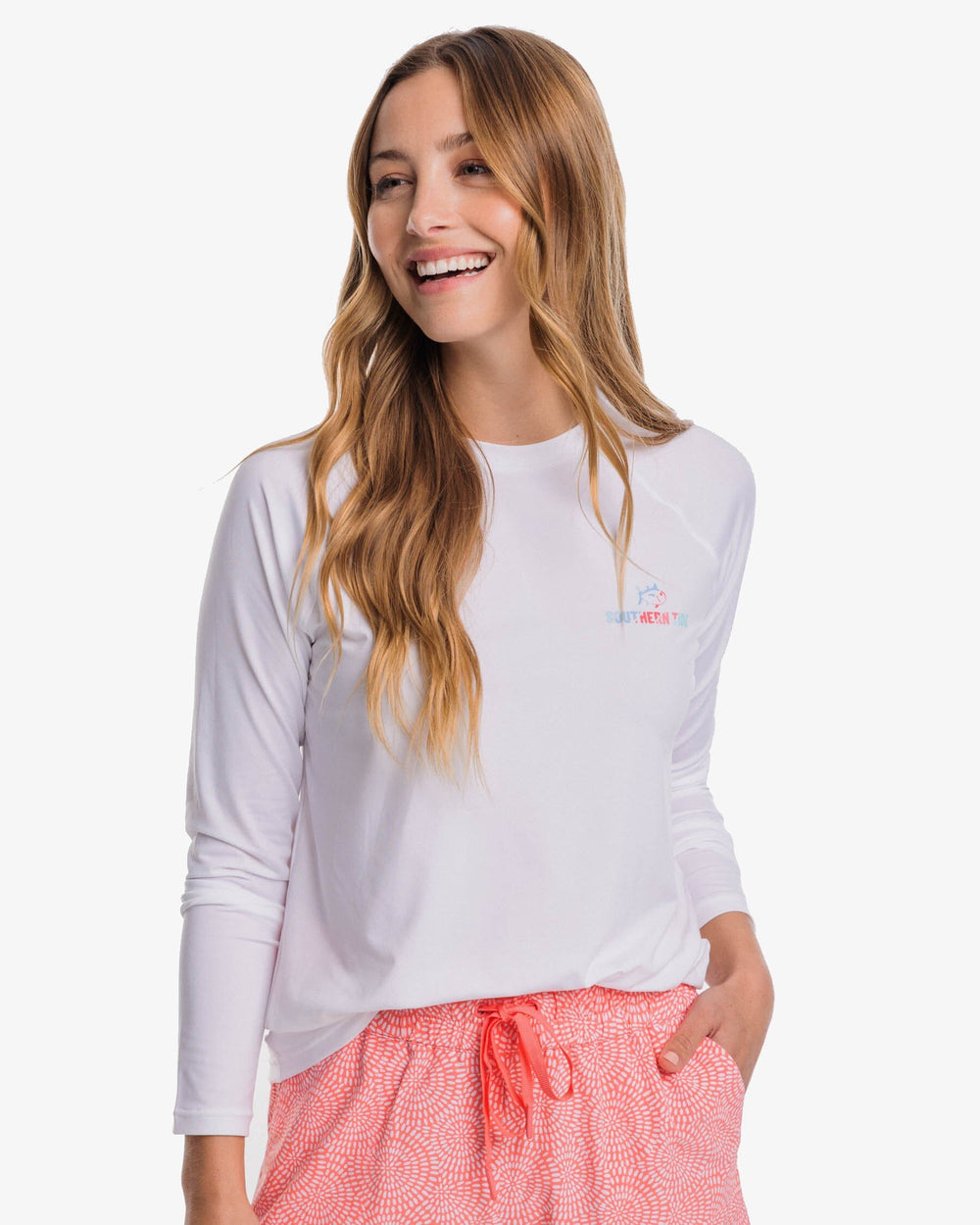 The front view of the Southern Tide Long Sleeve Southern Tide Slice Performance T-Shirt by Southern Tide - Classic White