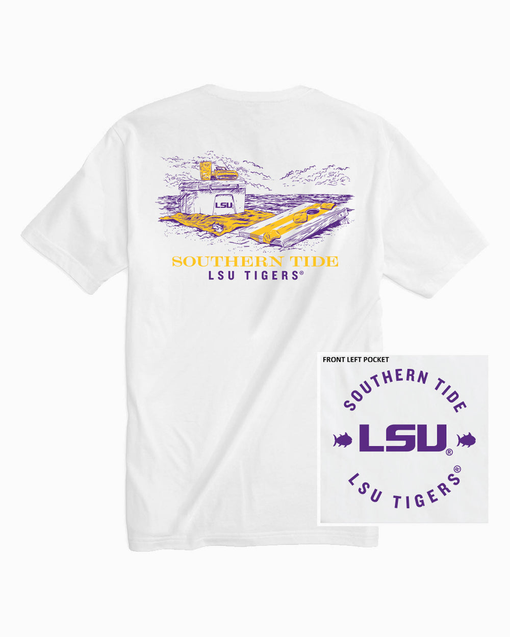 The front of the LSU Tigers Beach Cornhole T-Shirt by Southern Tide - Classic White