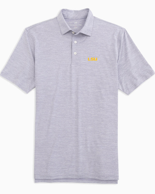 The front view of the LSU Tigers Driver Spacedye Polo Shirt by Southern Tide - Regal Purple