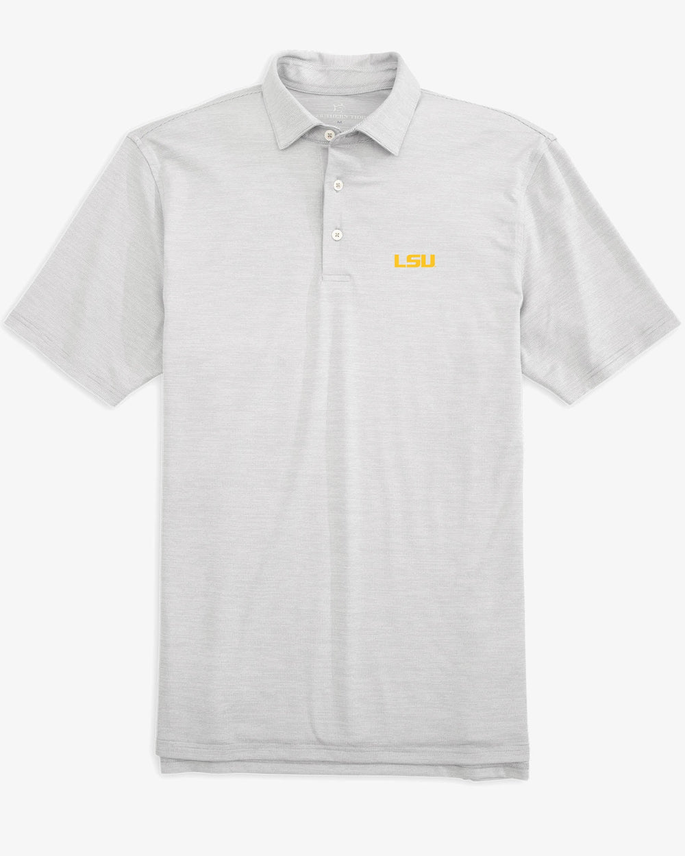 The front view of the LSU Tigers Driver Spacedye Polo Shirt by Southern Tide - Slate Grey