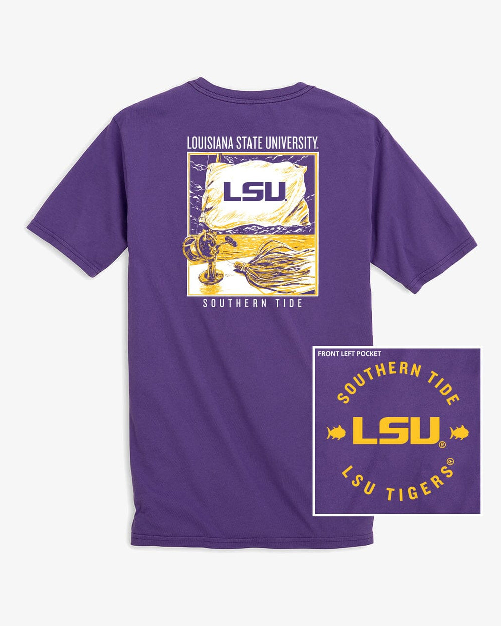 The back view of the LSU Tigers Fishing Flag T-Shirt by Southern Tide - Regal Purple