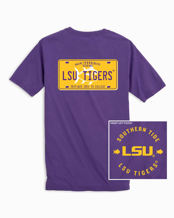 The front and back of the LSU Tigers License Plate T-Shirt by Southern Tide - Regal Purple