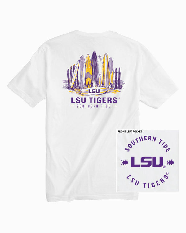 The front view of the LSU Tigers Surfboard Row T-Shirt by Southern Tide - Classic White