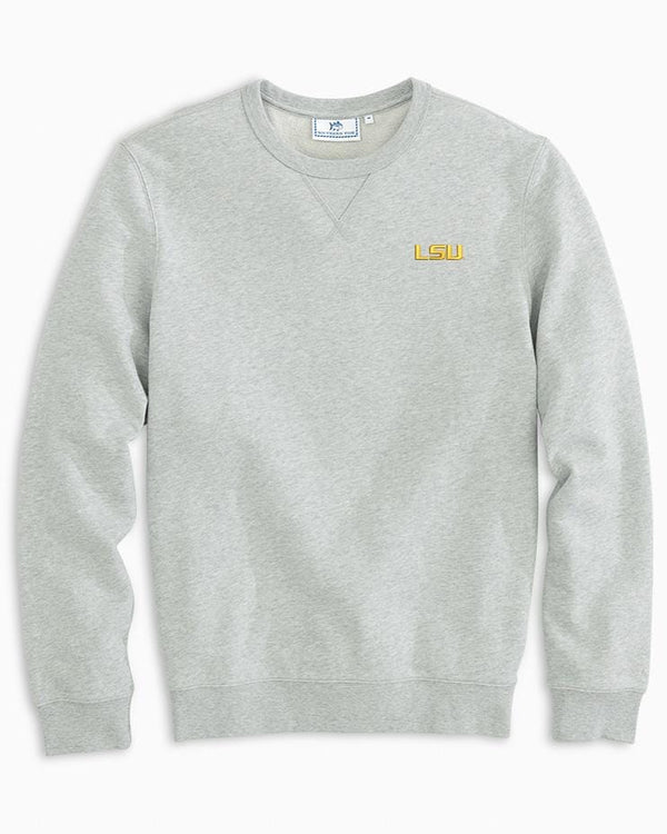 The front view of the LSU Tigers Upper Deck Pullover Sweatshirt by Southern Tide - Heather Slate Grey