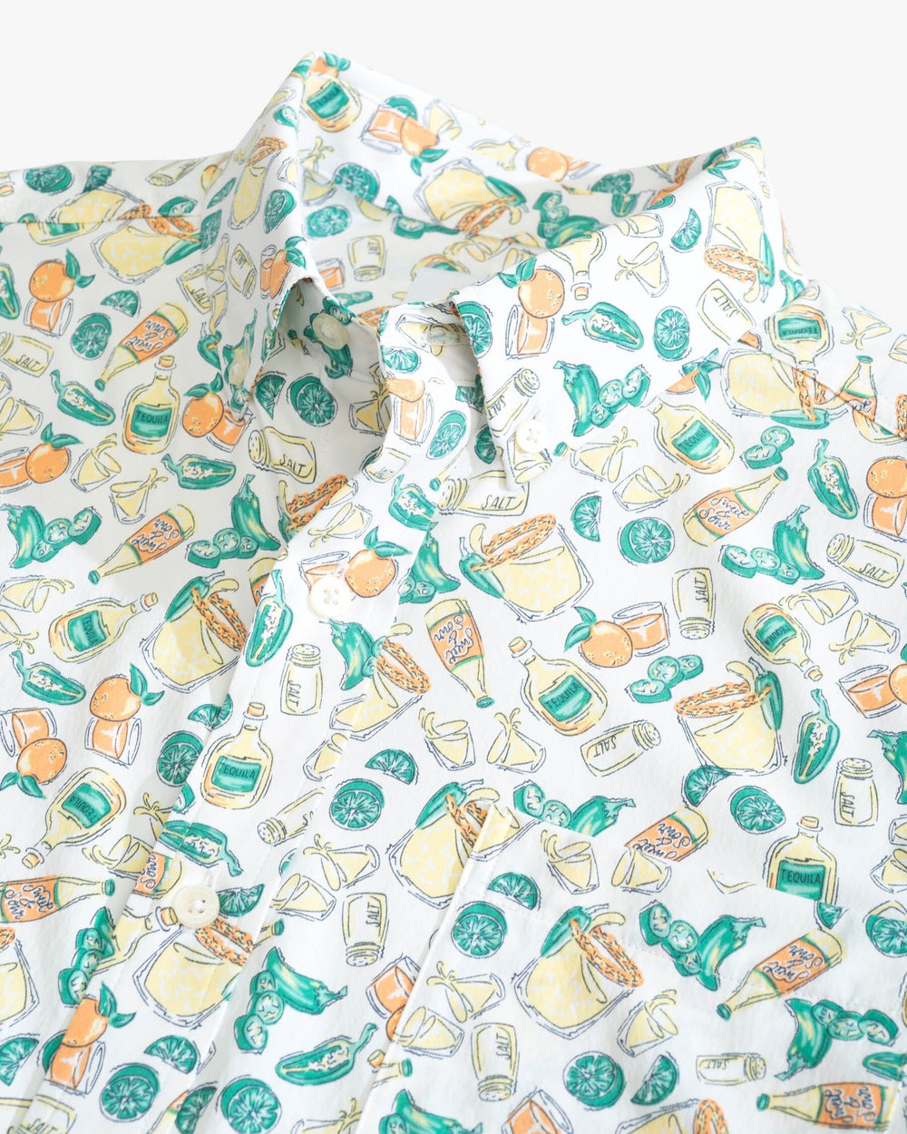 The detail view of the Southern Tide Marg Madness Intercoastal Short Sleeve Button Down Shirt by Southern Tide - Classic White