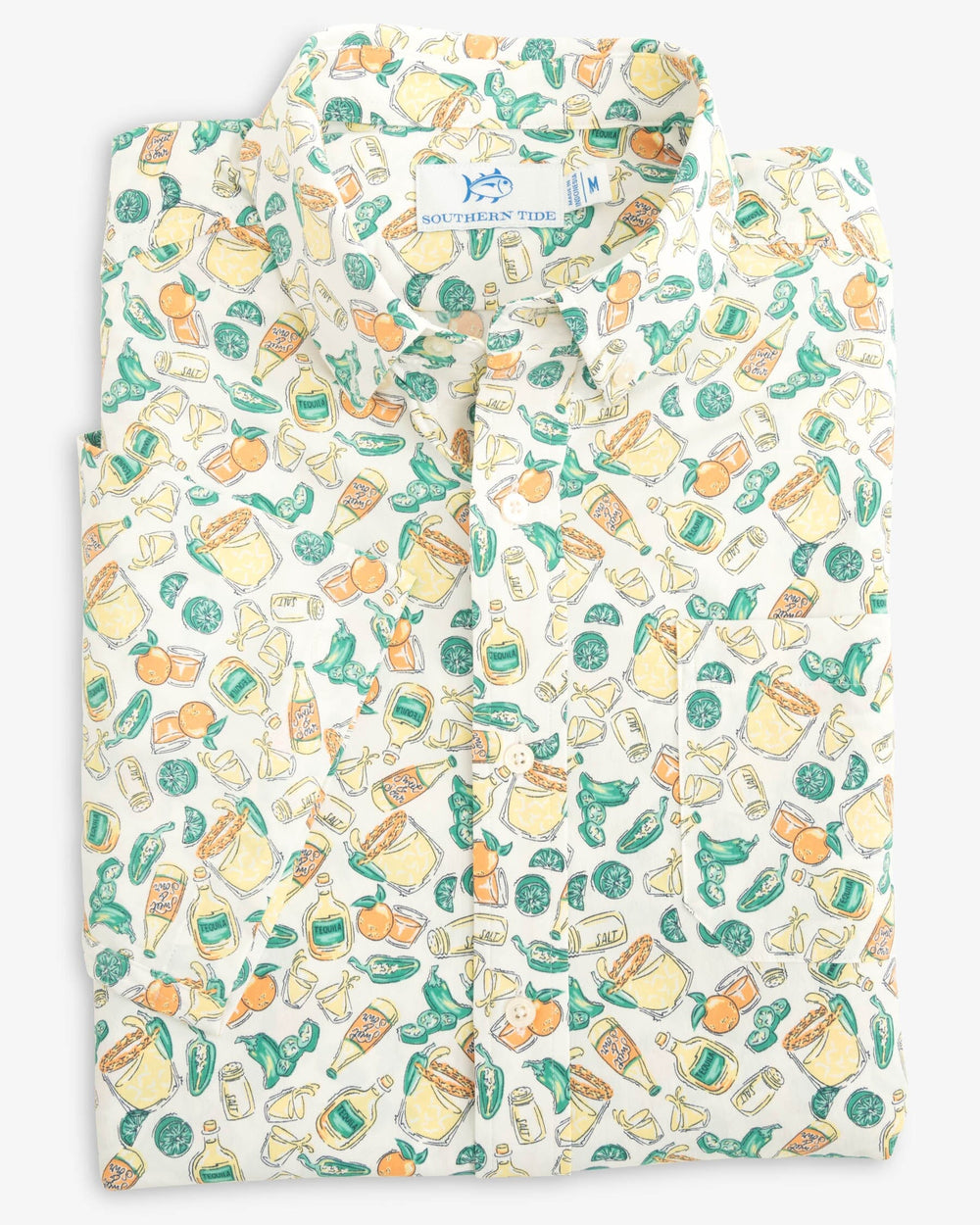 The folded view of the Southern Tide Marg Madness Intercoastal Short Sleeve Button Down Shirt by Southern Tide - Classic White