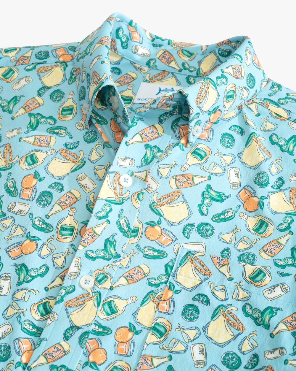 The detail view of the Southern Tide Marg Madness Intercoastal Short Sleeve Button Down Shirt by Southern Tide - Rain Water