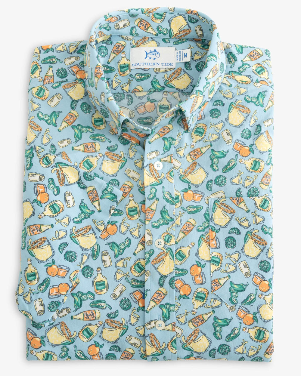 The folded view of the Southern Tide Marg Madness Intercoastal Short Sleeve Button Down Shirt by Southern Tide - Rain Water