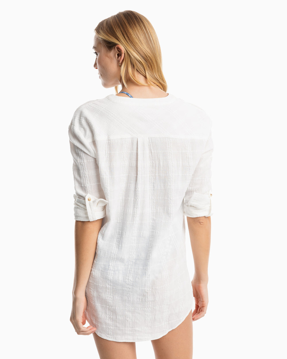 The model back view of the Women's Marnee Textured Tunic by Southern Tide - Classic White