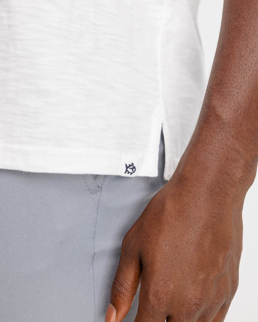 The detail view of the Southern Tide Mesa Sun Farer Polo Shirt by Southern Tide - Classic White