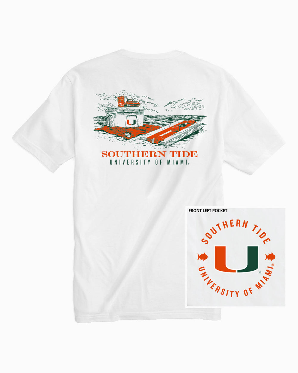 The front of the Miami Hurricanes Beach Cornhole T-Shirt by Southern Tide - Classic White