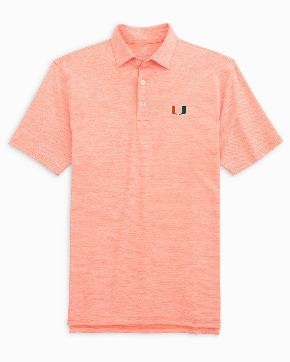 The front of the Men's Miami Hurricanes Driver Spacedye Polo Shirt by Southern Tide - Endzone Orange