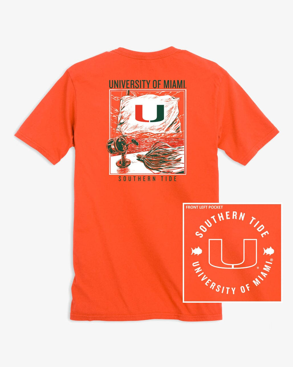 The back view of the Miami Hurricanes Fishing Flag T-Shirt by Southern Tide - Endzone Orange