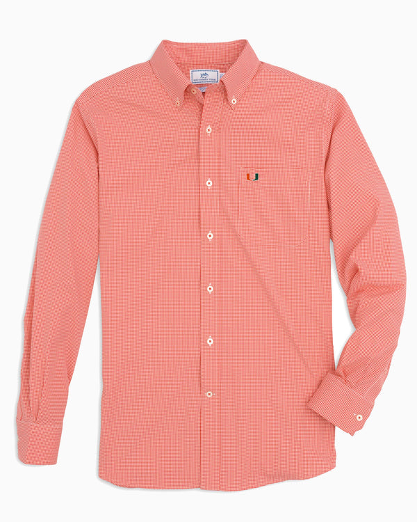 The front view of the Men's Orange Miami Hurricanes Gingham Button Down Shirt by Southern Tide - Endzone Orange