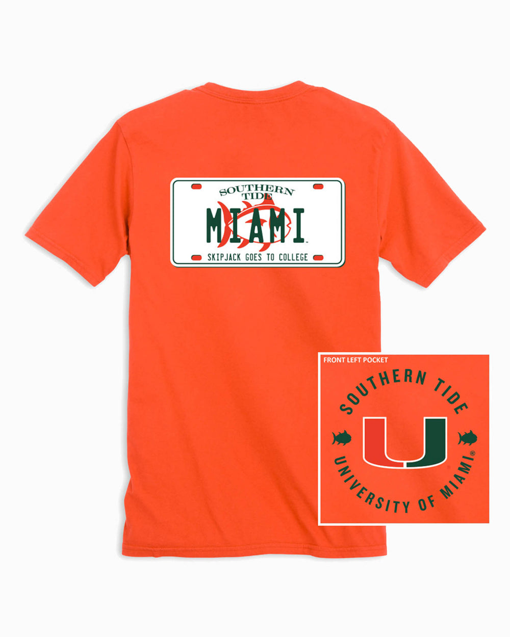 The front and back of the Men's Miami Hurricanes License Plate T-Shirt by Southern Tide - Endzone Orange