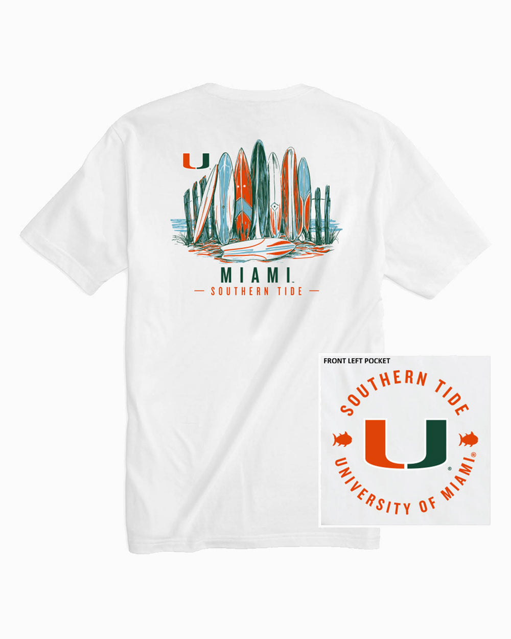 The front and back view of the Miami Hurricanes Surfboard Row T-Shirt by Southern Tide - Classic White