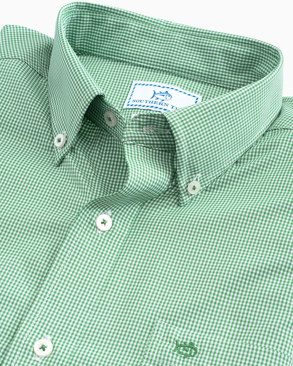 The collar of the Men's Green Micro Gingham Intercoastal Performance Sport Shirt by Southern Tide - surf green