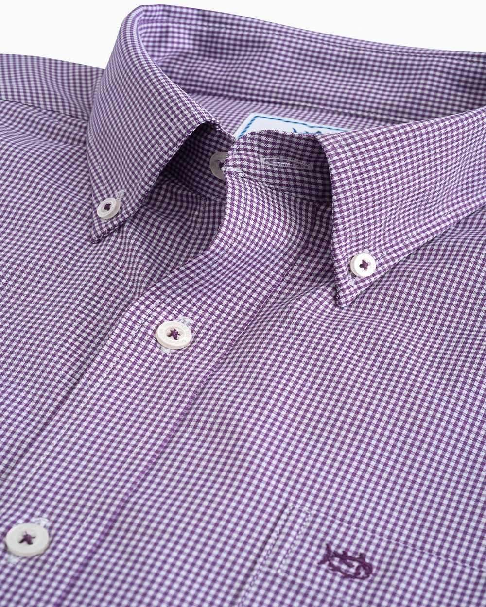 The collar of the Men's Purple Micro Gingham Intercoastal Performance Sport Shirt by Southern Tide - royal purple