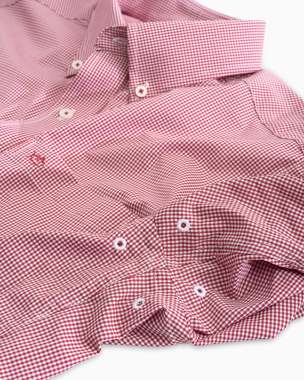 The collar of the Men's Red Micro Gingham Intercoastal Performance Sport Shirt by Southern Tide - true red