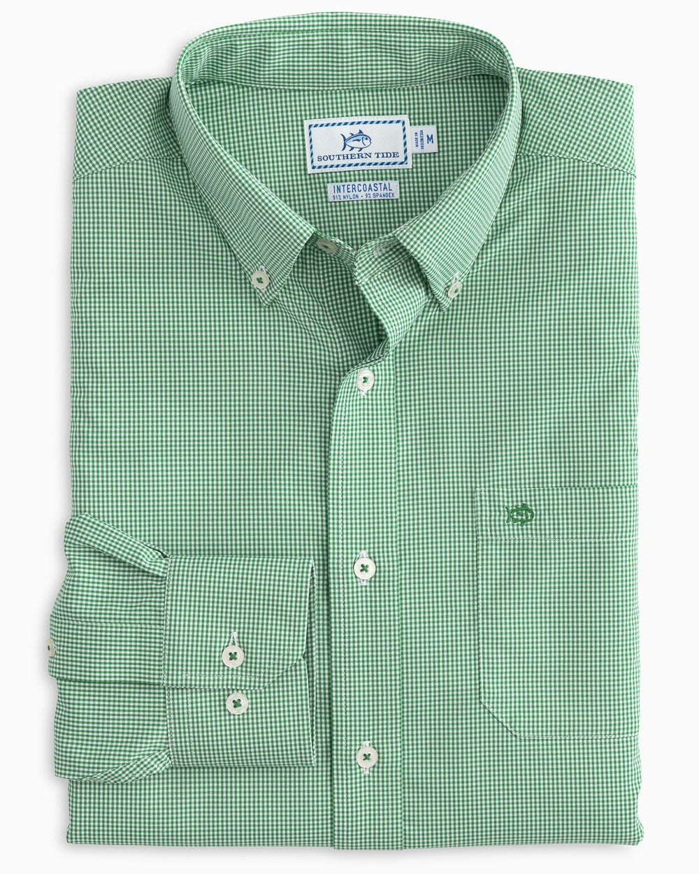 The front view of the Men's Green Micro Gingham Intercoastal Performance Sport Shirt by Southern Tide - surf green