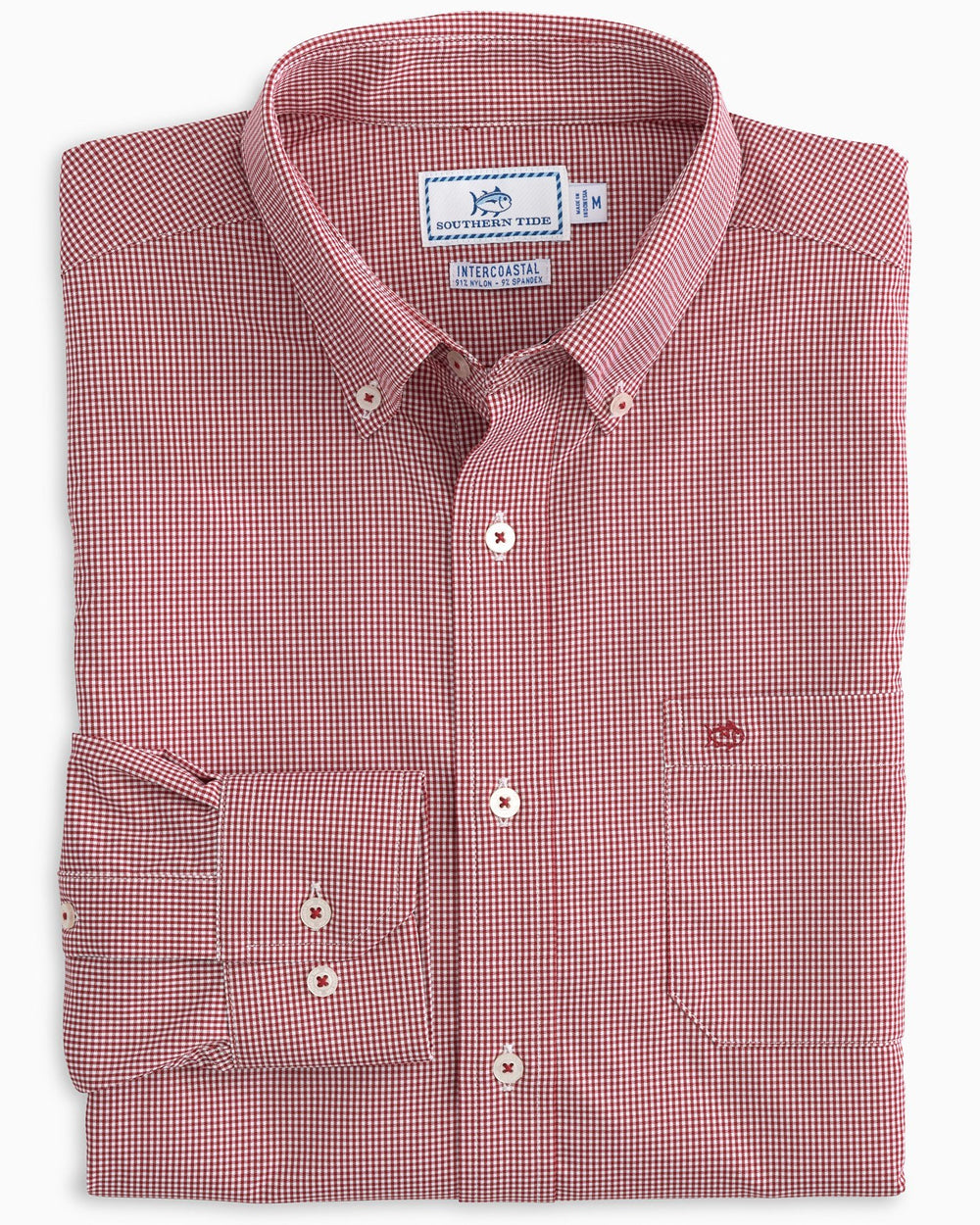 The front view of the Men's Red Micro Gingham Intercoastal Performance Sport Shirt by Southern Tide - true red