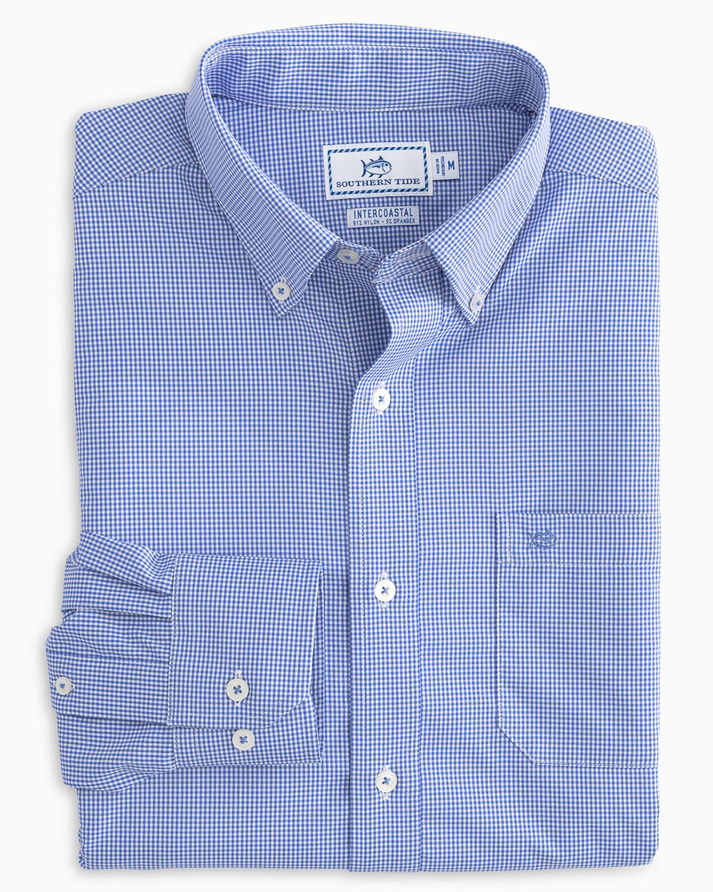 The front view of the Men's Navy Micro Gingham Intercoastal Performance Sport Shirt by Southern Tide - blue cove