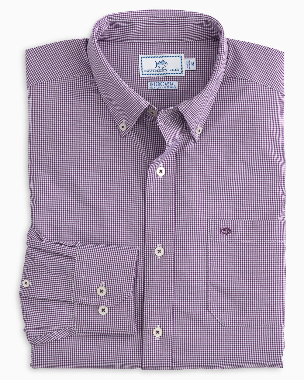 The front view of the Men's Purple Micro Gingham Intercoastal Performance Sport Shirt by Southern Tide - royal purple