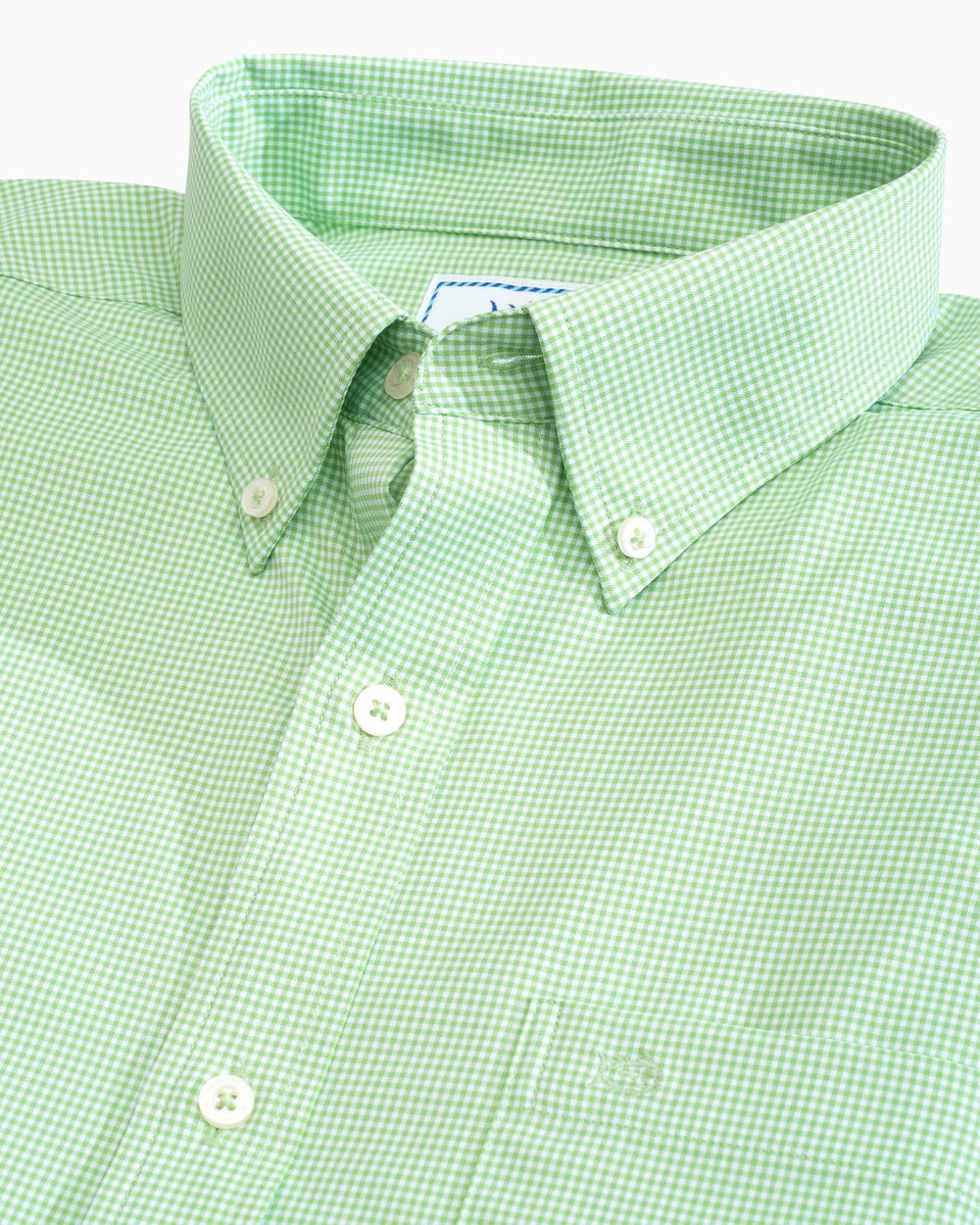 The collar of the Men's Green Micro Gingham Intercoastal Performance Sport Shirt by Southern Tide - Green Tea