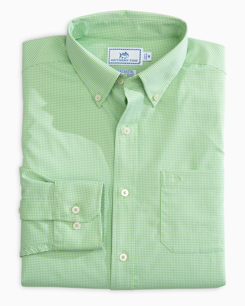 The front view of the Men's Green Micro Gingham Intercoastal Performance Sport Shirt by Southern Tide - Green Tea