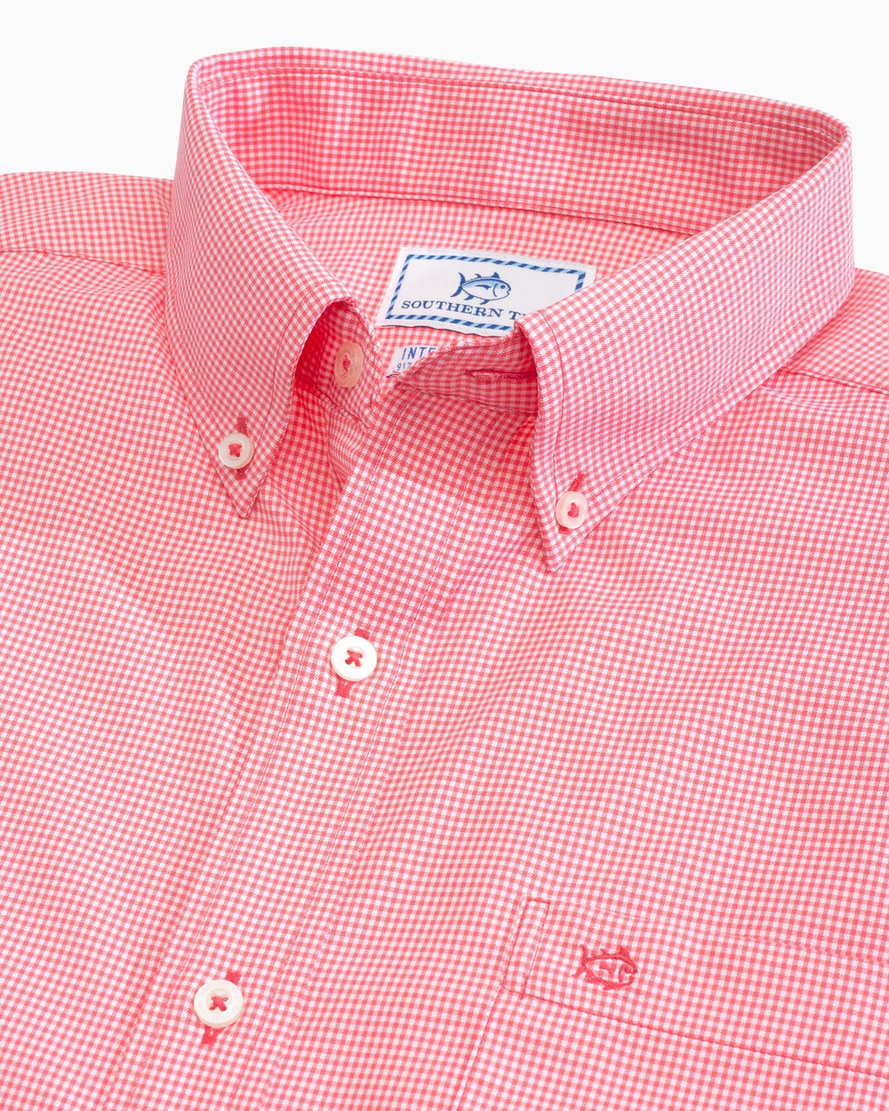 The collar of the Men's Pink Micro Gingham Intercoastal Performance Sport Shirt by Southern Tide - Sunkist Coral