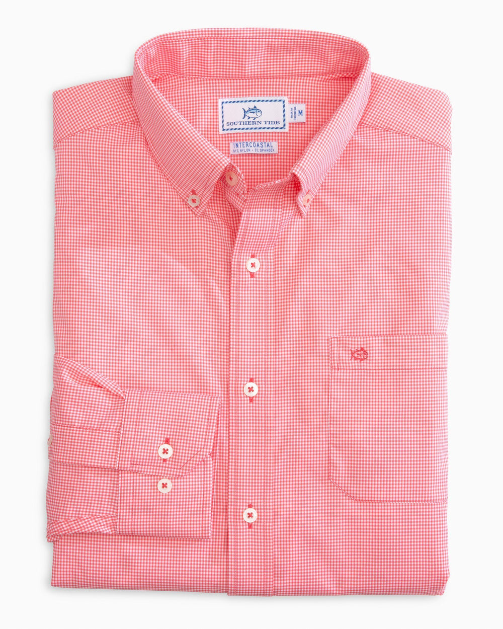 The front view of the Men's Pink Micro Gingham Intercoastal Performance Sport Shirt by Southern Tide - Sunkist Coral