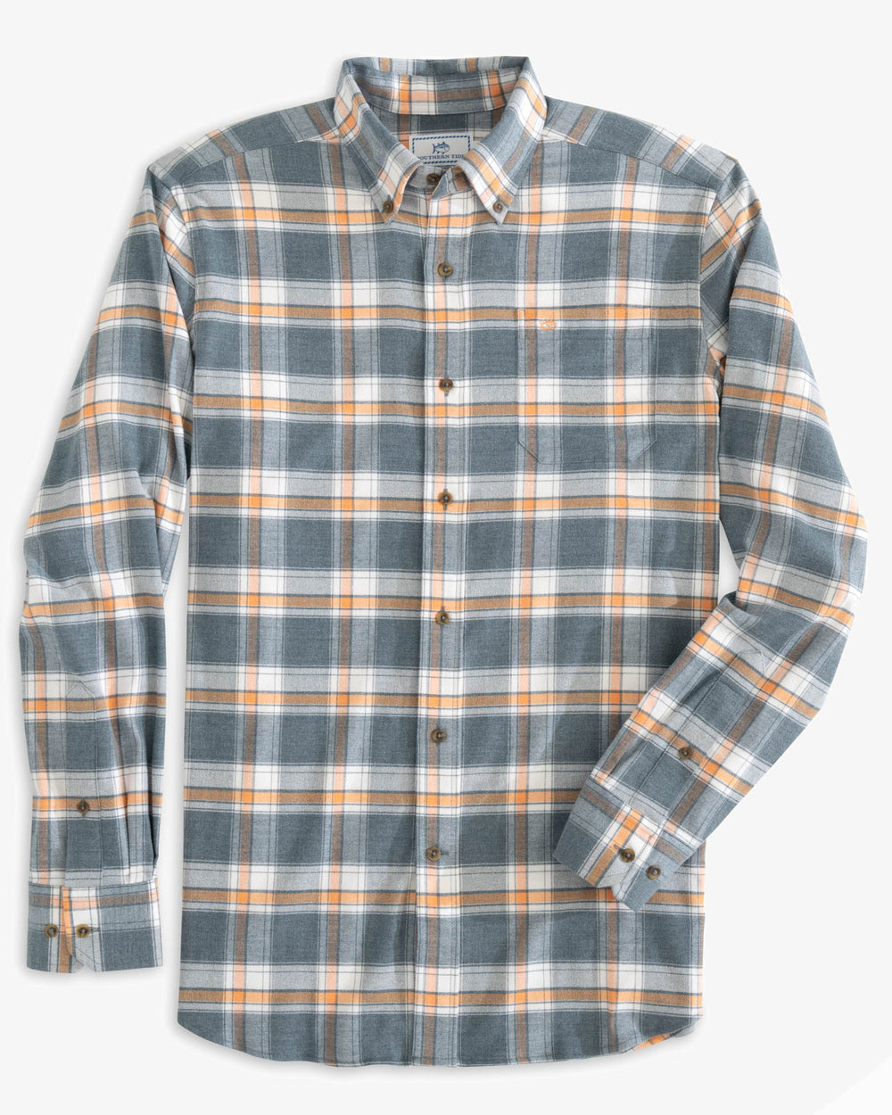 The front view of the Milton Plaid Intercoastal Flannel Sport Shirt by Southern Tide - Heather Dark Denim