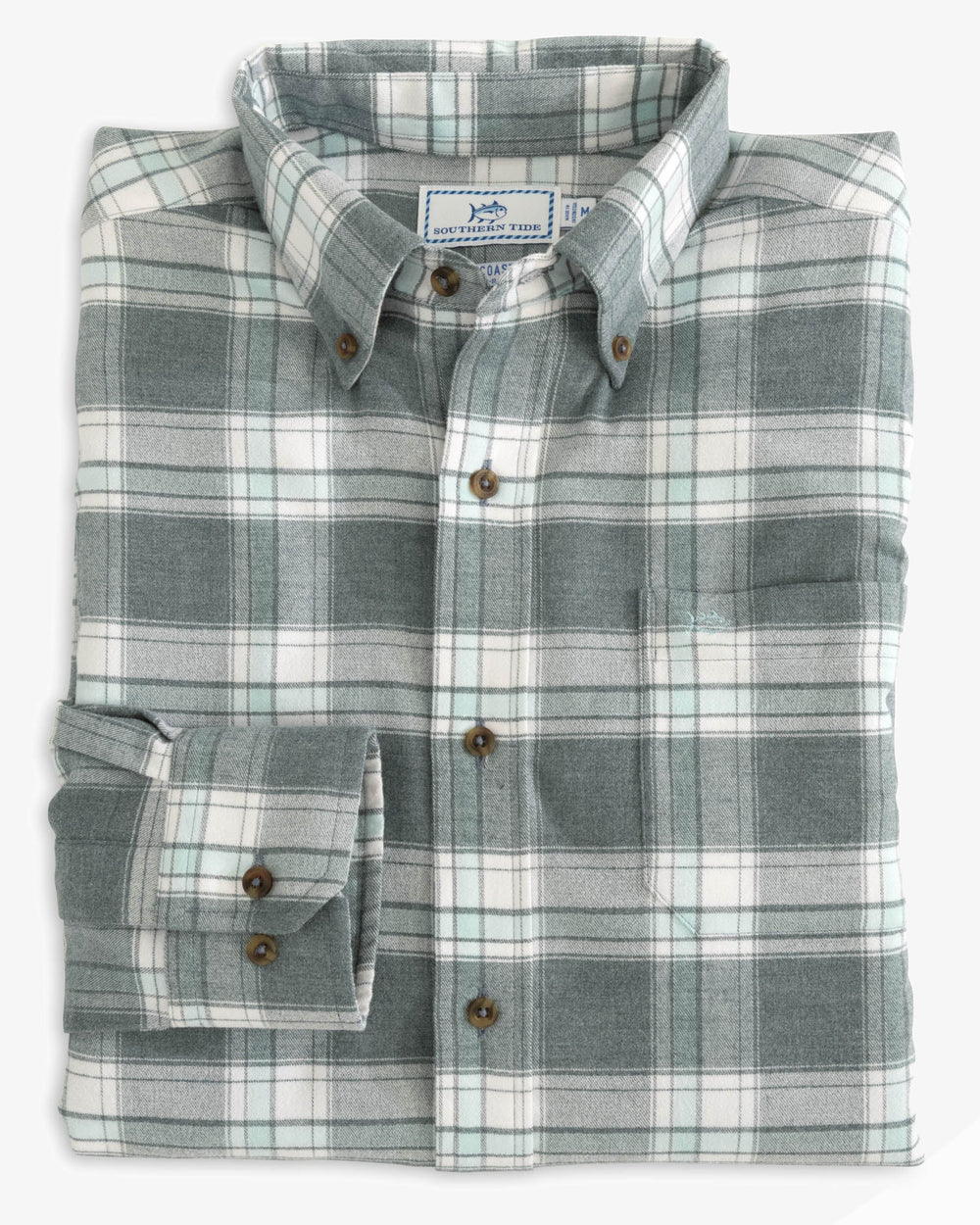 The folded view of the Milton Plaid Intercoastal Flannel Sport Shirt by Southern Tide - Heather Harbour Mist