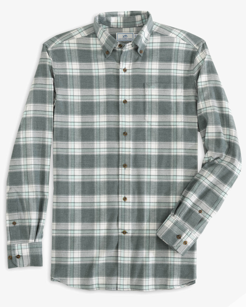 The front view of the Milton Plaid Intercoastal Flannel Sport Shirt by Southern Tide - Heather Harbour Mist