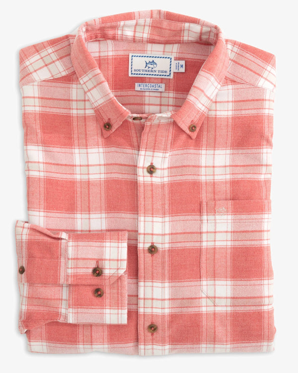 The folded view of the Milton Plaid Intercoastal Flannel Sport Shirt by Southern Tide - Heather Mineral Red
