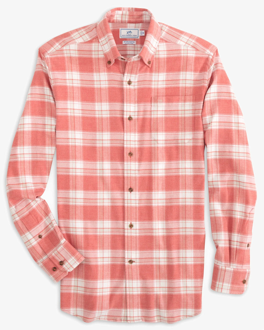 The front view of the Milton Plaid Intercoastal Flannel Sport Shirt by Southern Tide - Heather Mineral Red