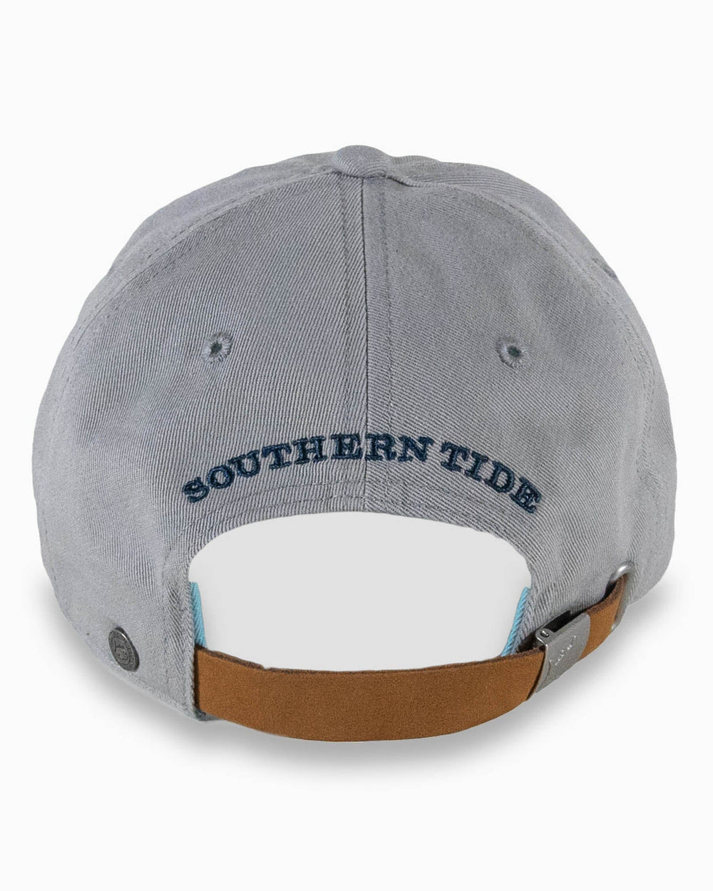 The back view of the Southern Tide Mini Skipjack Leather Strap Hat by Southern Tide - Light Grey