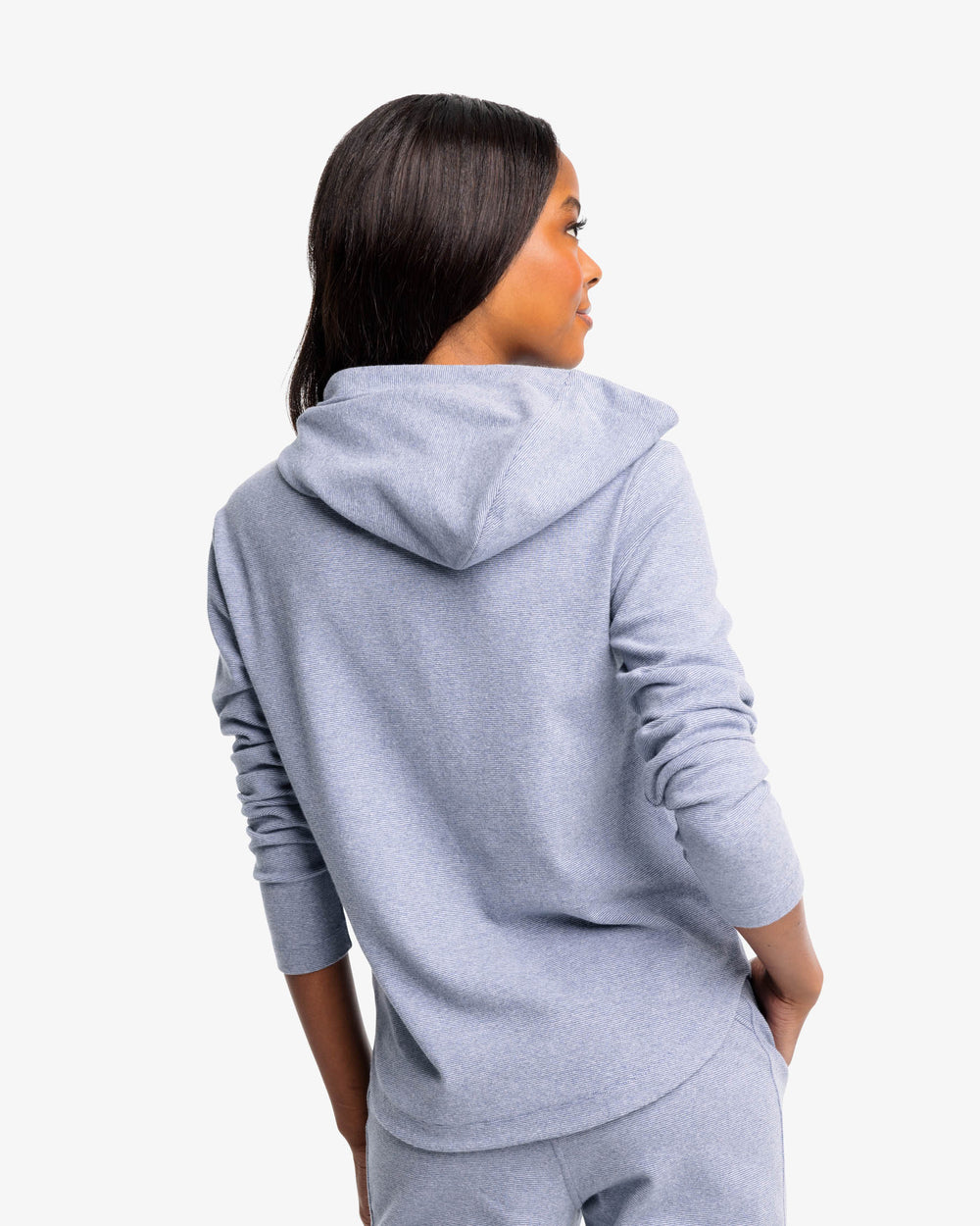 The back view of the Miranda Heather Stripe Hoodie by Southern Tide - Heather Seven Seas Blue