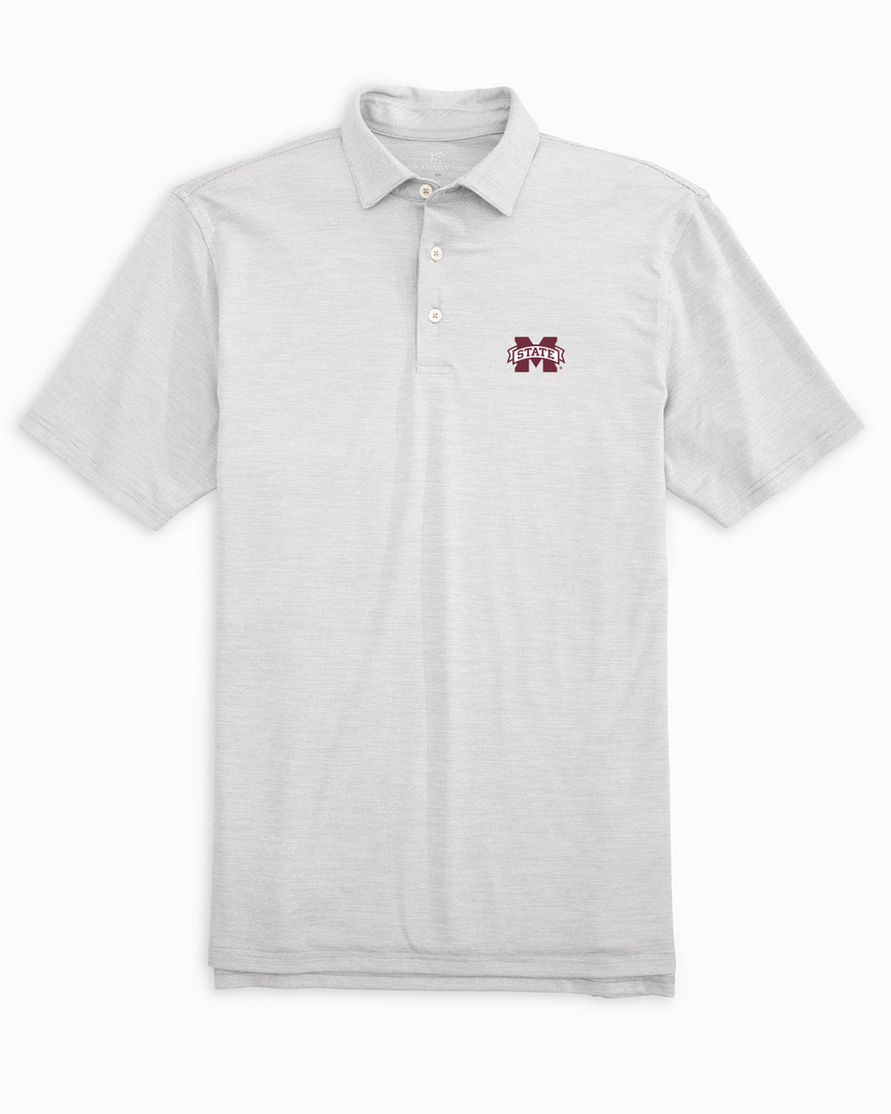 The front of the Mississippi State Bulldogs Driver Spacedye Polo Shirt by Southern Tide - Slate Grey