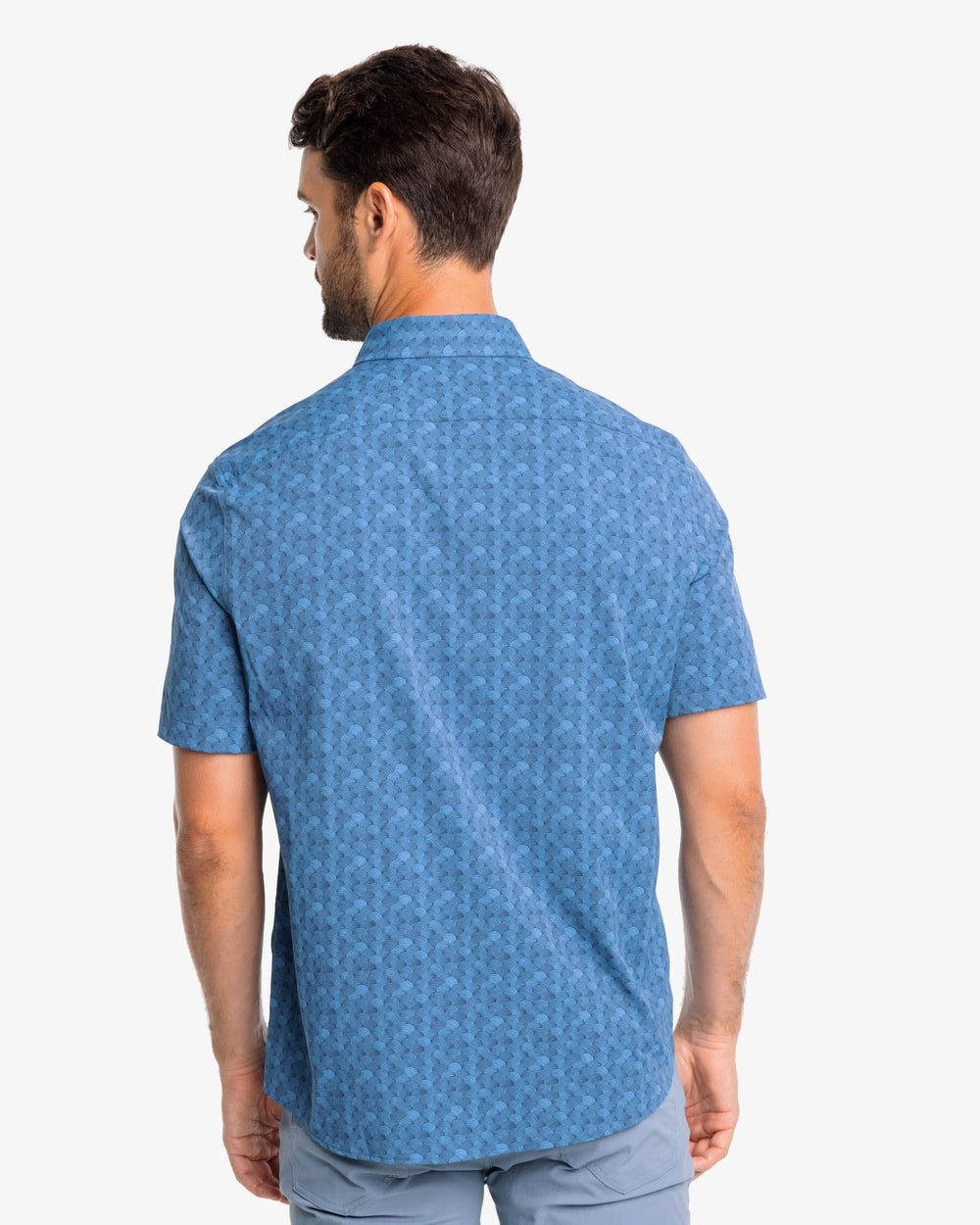 The back view of the Southern Tide Monterrey Print Intercoastal Short Sleeve Button Down by Southern Tide - Aged Denim