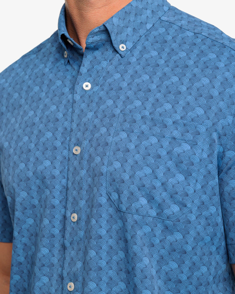 The detail view of the Southern Tide Monterrey Print Intercoastal Short Sleeve Button Down by Southern Tide - Aged Denim