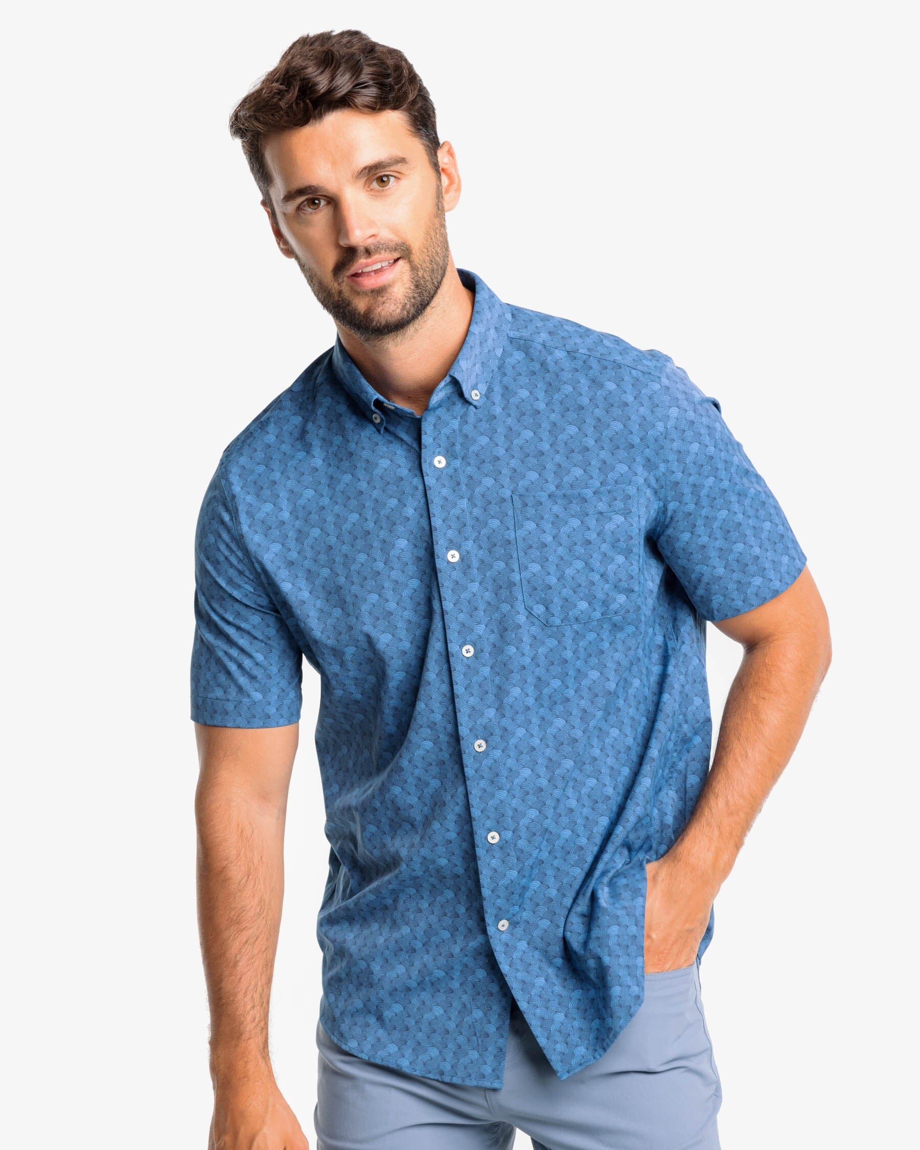 Blue Printed Short Sleeves Denim Shirt|296667801