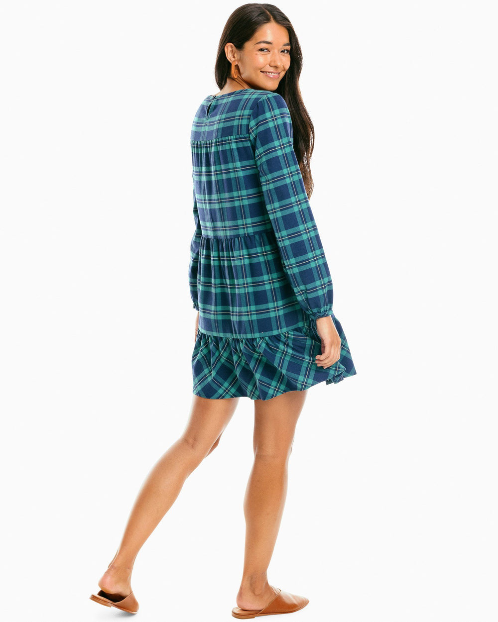 The back of the Women's Nadia Flannel Intercoastal Dress by Southern Tide - Evening Emerald