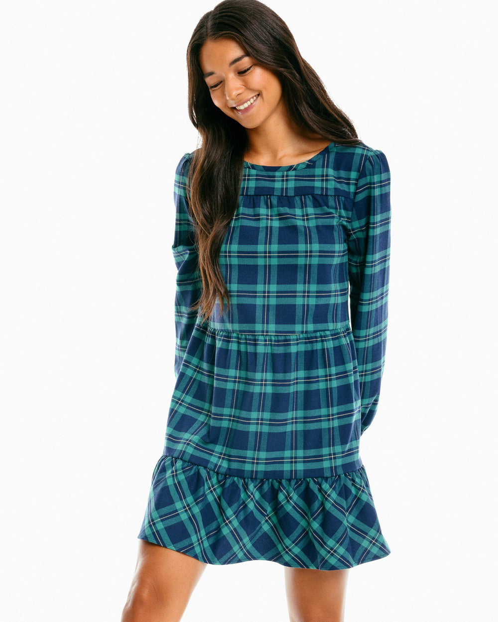The front of the Women's Nadia Flannel Intercoastal Dress by Southern Tide - Evening Emerald