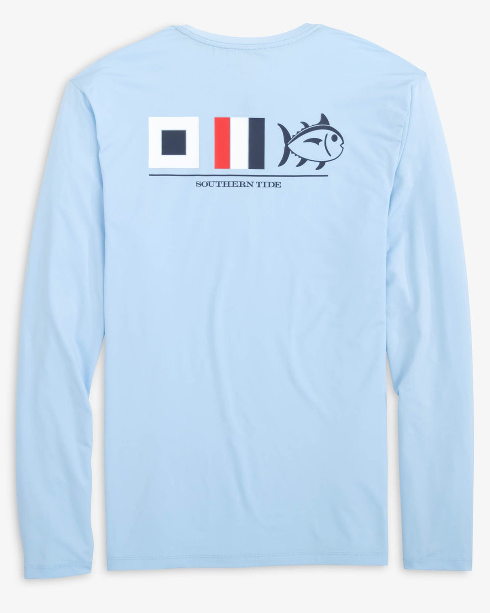 The back view of the Southern Tide Nautical Skipjack Long Sleeve Performance T-shirt by Southern Tide - Clearwater Blue