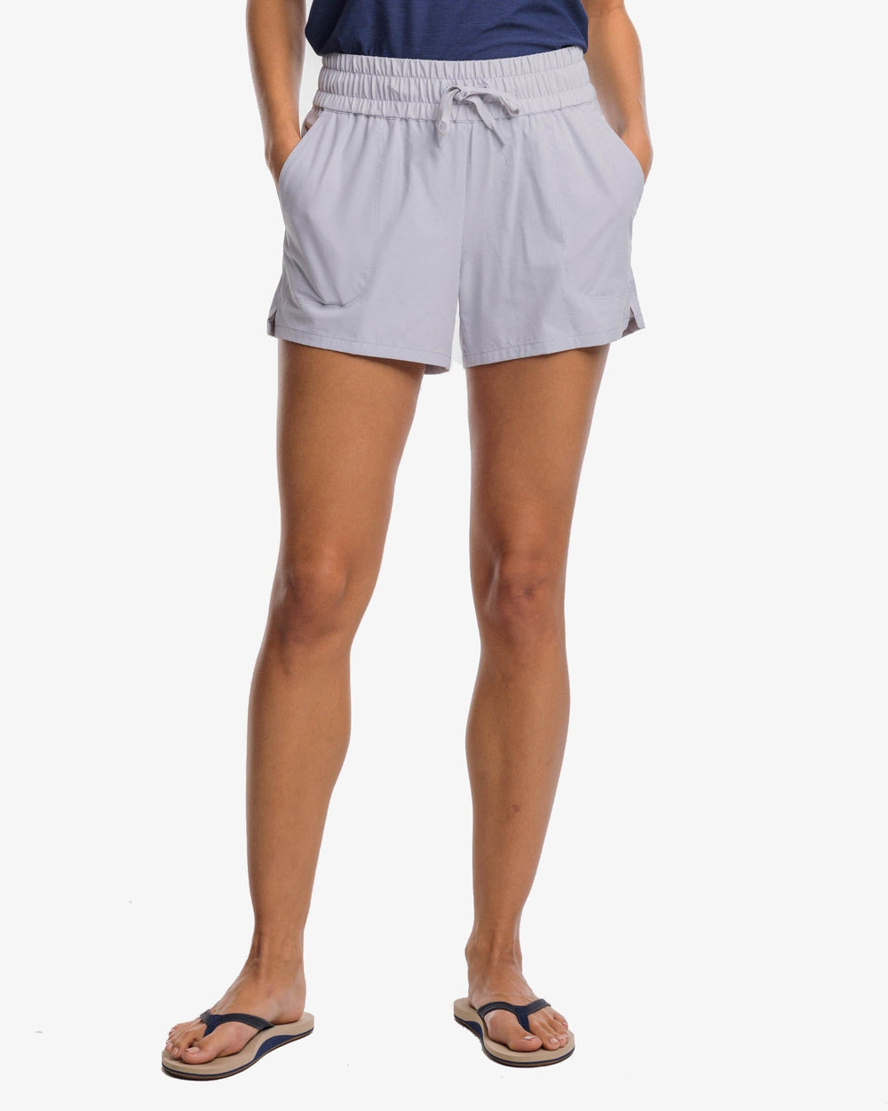The front view of the Southern Tide Neeley brrr Performance Short by Southern Tide - Platinum Grey