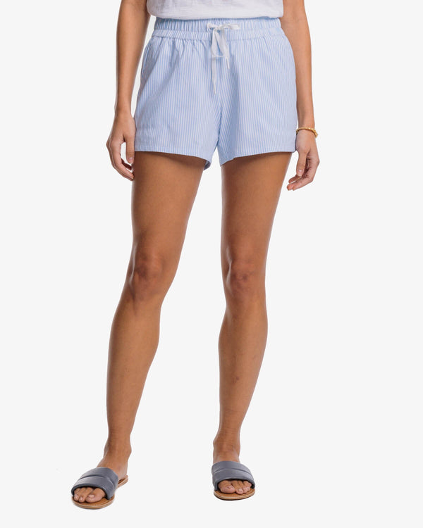 The front view of the Southern Tide Neeley Brrr Skip Stripe Performance Short by Southern Tide - Sky Blue