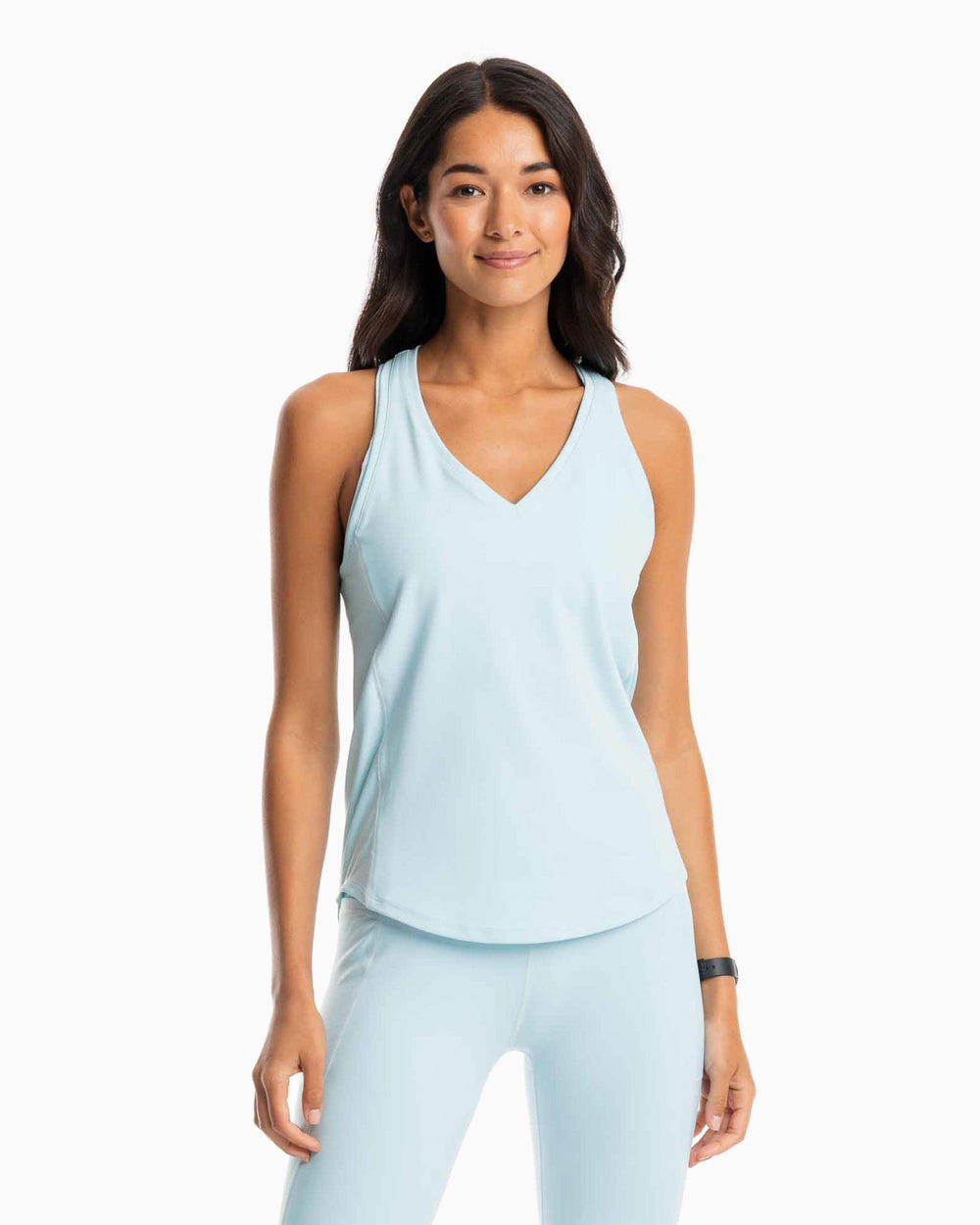 The model front view of the Women's Nelli Skip Stripe Tank Top by Southern Tide - Wake Blue